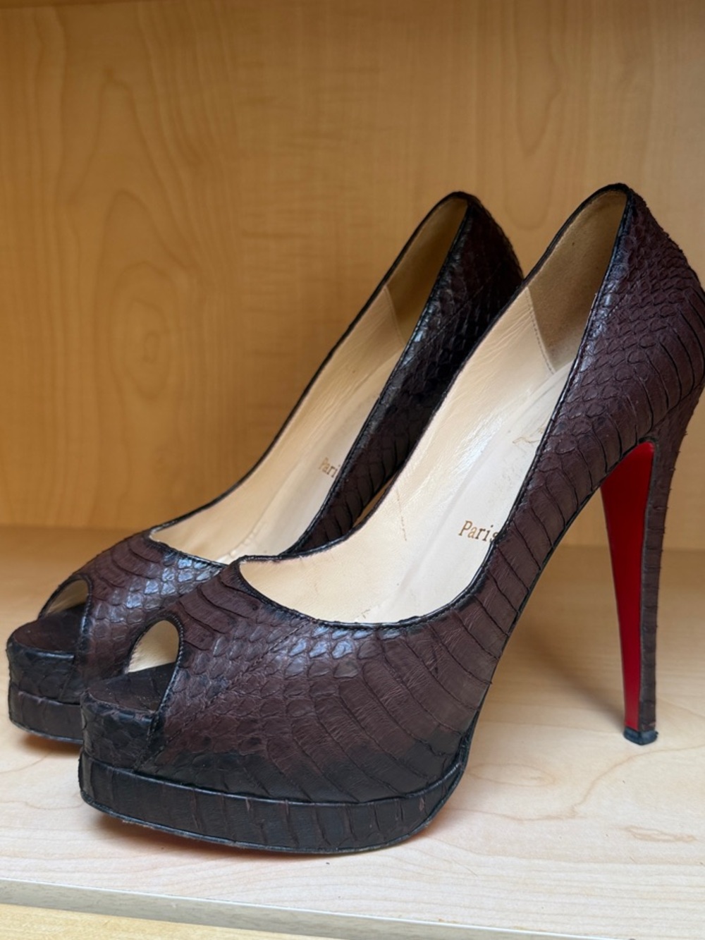 Christian Louboutin Brown Python Peep-Toe Pumps
